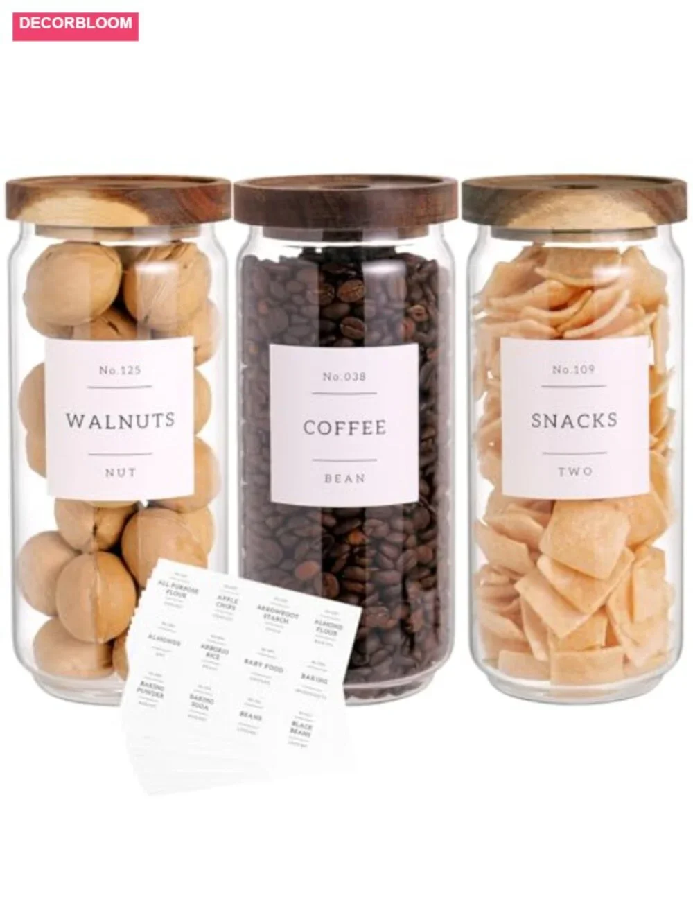 Set of 3 Glass Pantry Jars with Acacia Airtight Lids & 132 Labels